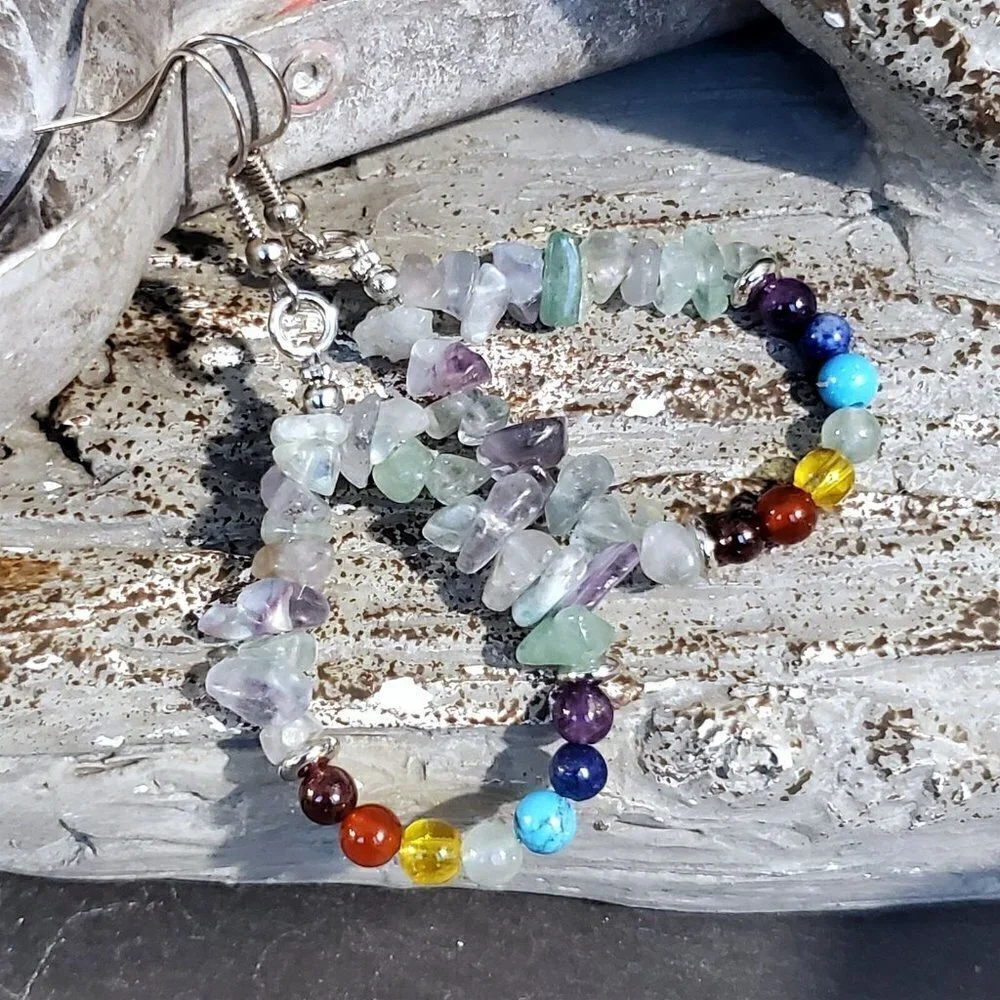 Artisan Rainbow Fluorite 7 Chakras Yoga Om Mindful Gemstone Teardrop Earrings